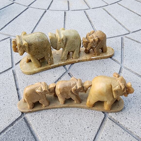 Two Soapstone Hand Carved Triple Elephant Bridge Sculptures - Picture 7 of 8